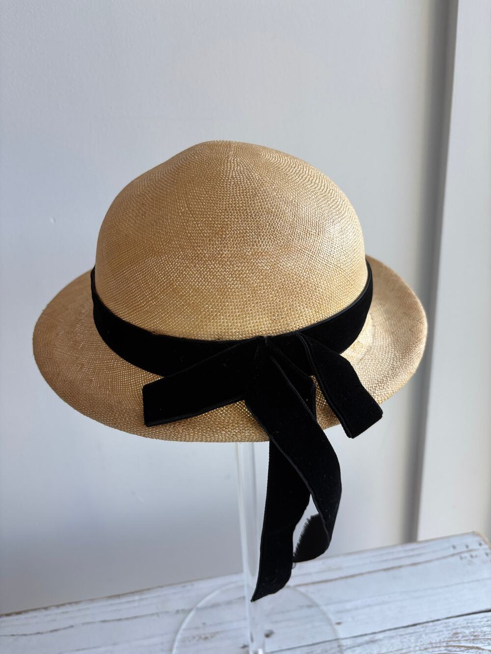 Antique c. 1930 Finely Woven Natural Straw Hat Black Velvet Ribbon Gardencore
